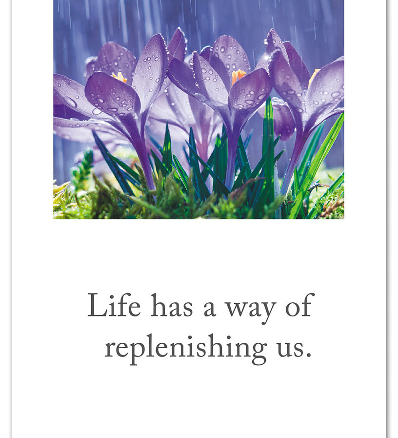 Get Well Card – gentle illustration of blue crocuses in rain with an uplifting message of healing and hope, designed to comfort, available at Be Charmed
