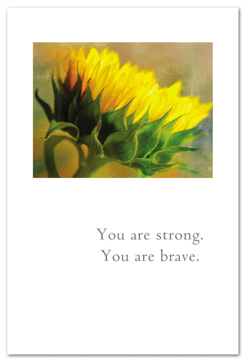 Support Card – uplifting illustration of sunflower reaching skyward with an encouraging message of strength and hope, perfect for hard times, available at Be Charmed