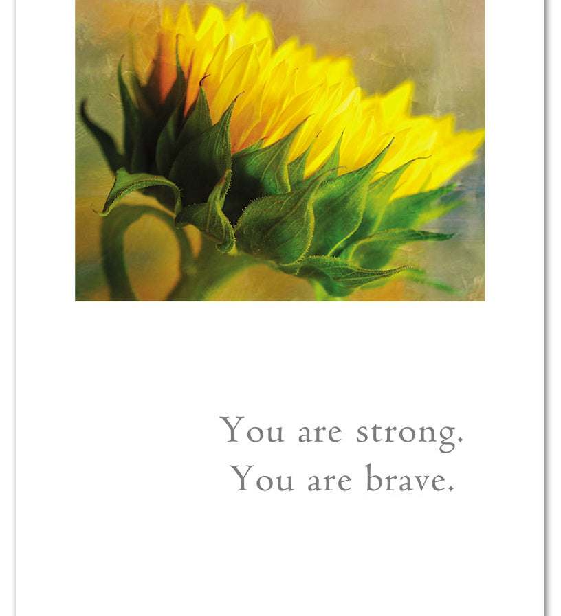 Support Card – uplifting illustration of sunflower reaching skyward with an encouraging message of strength and hope, perfect for hard times, available at Be Charmed