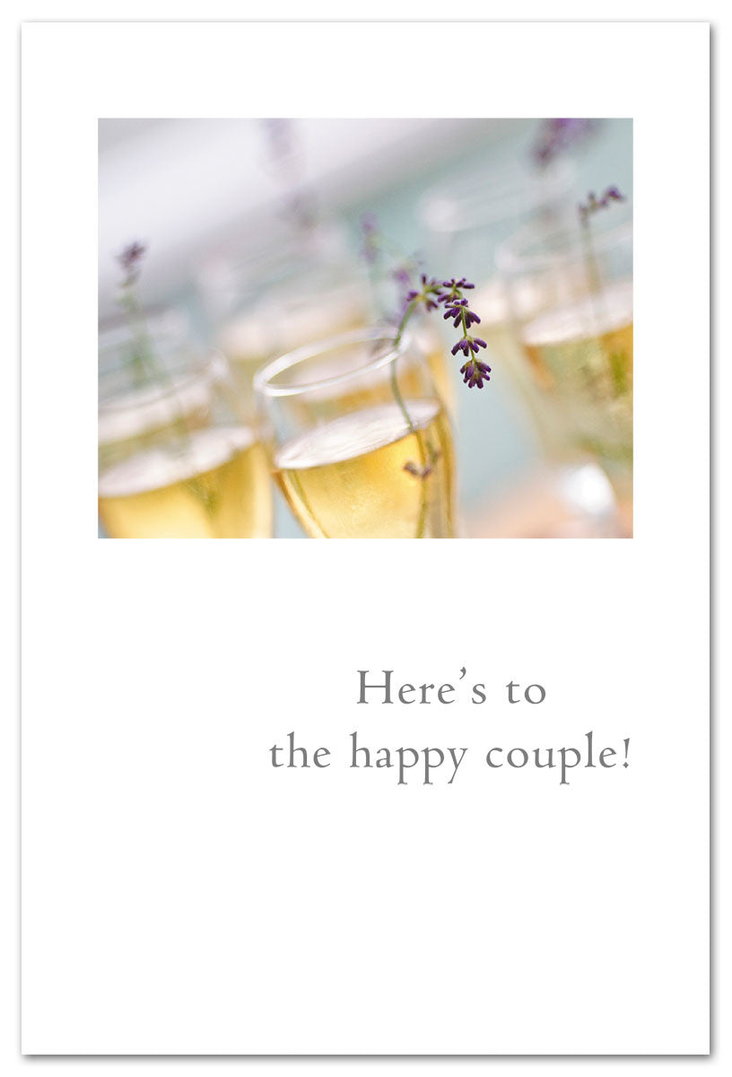 Wedding Card – elegant champagne glasses and lavender illustration with a romantic message to celebrate a couple’s special day, available at Be Charmed