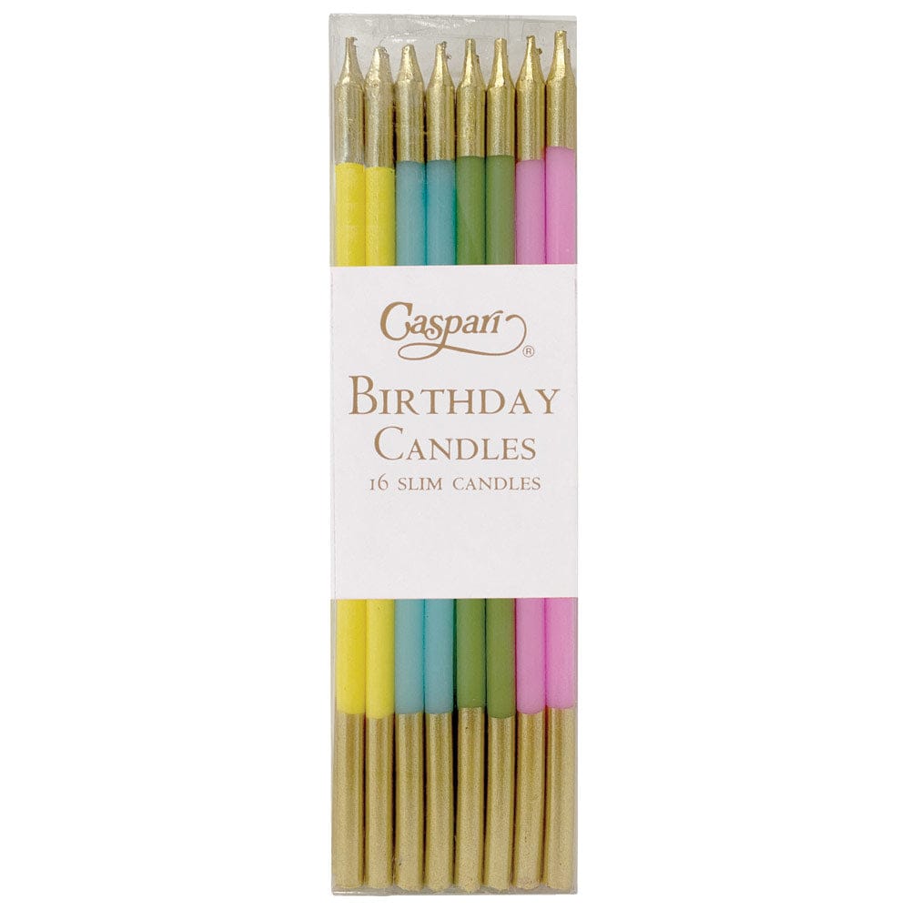 Pack of Caspari birthday candles with gold holders and colorful wicks on a white background. Available at Be Charmed