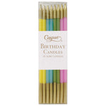 Pack of Caspari birthday candles with gold holders and colorful wicks on a white background. Available at Be Charmed