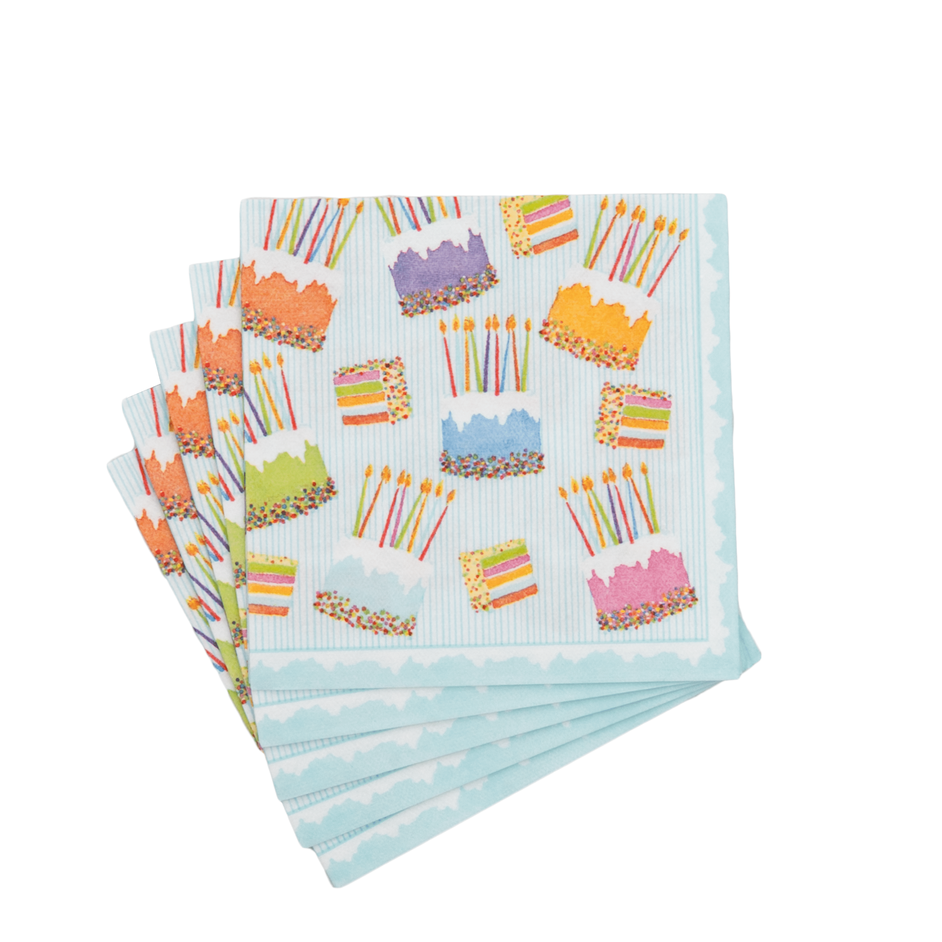 Set of colorful napkins with cake and candle designs on a white background. Available at Be Charmed