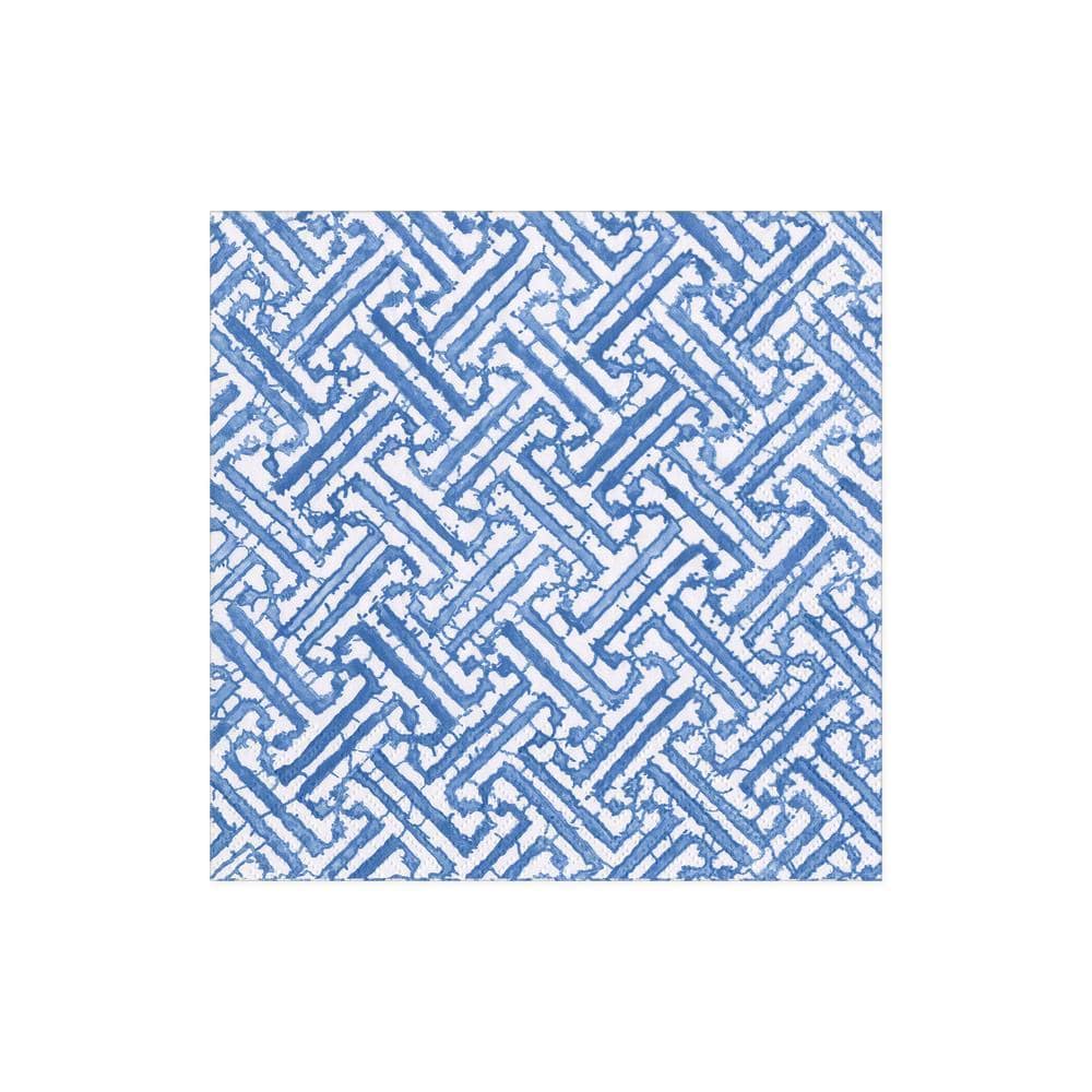 Blue and white geometric patterned napkins. Available at Be Charmed