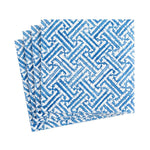 Set of blue and white patterned napkins on a white background. Available at Be Charmed