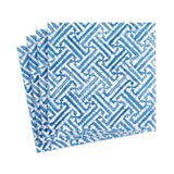 Set of blue and white patterned napkins on a white background. Available at Be Charmed