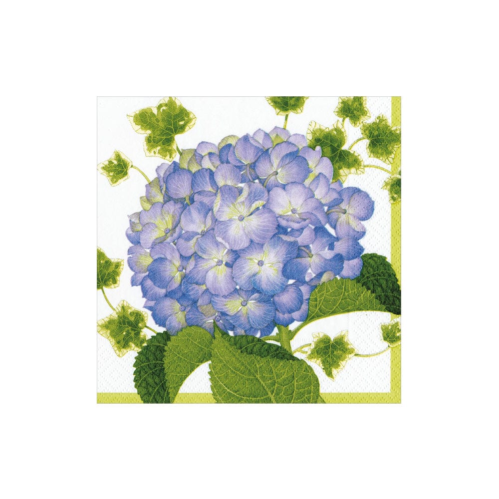 Napkin with blue hydrangea flowers and green leaves on a white background. Available at Be Charmed