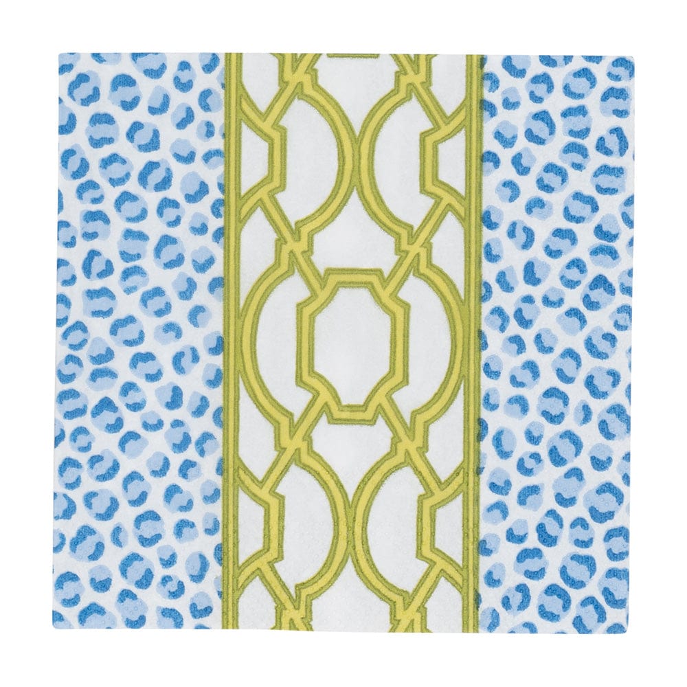 Patterned napkin with blue leopard print, green geometric design, and blue leopard print on a white background. Available at Be Charmed