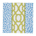 Patterned napkin with blue leopard print, green geometric design, and blue leopard print on a white background. Available at Be Charmed