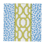 Patterned napkin with blue leopard print, green geometric design, and blue leopard print on a white background. Available at Be Charmed
