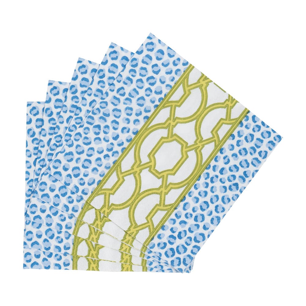 Set of tpatterned napkins with blue leopard print, green geometric design, and white lattice pattern on a white background. Available at Be Charmed