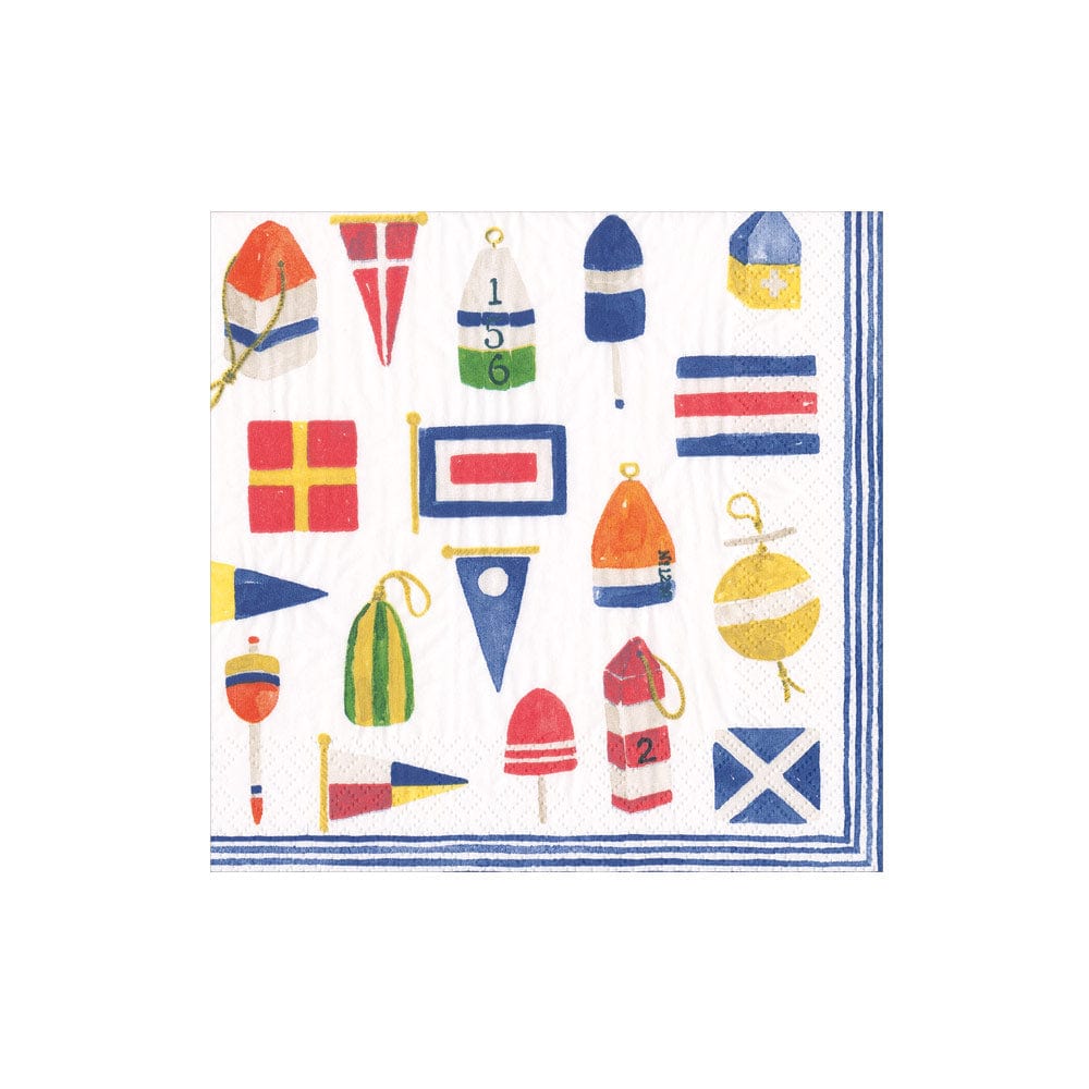 Nautical-themed napkin with colorful flags and buoys on a white background. Available at Be Charmed