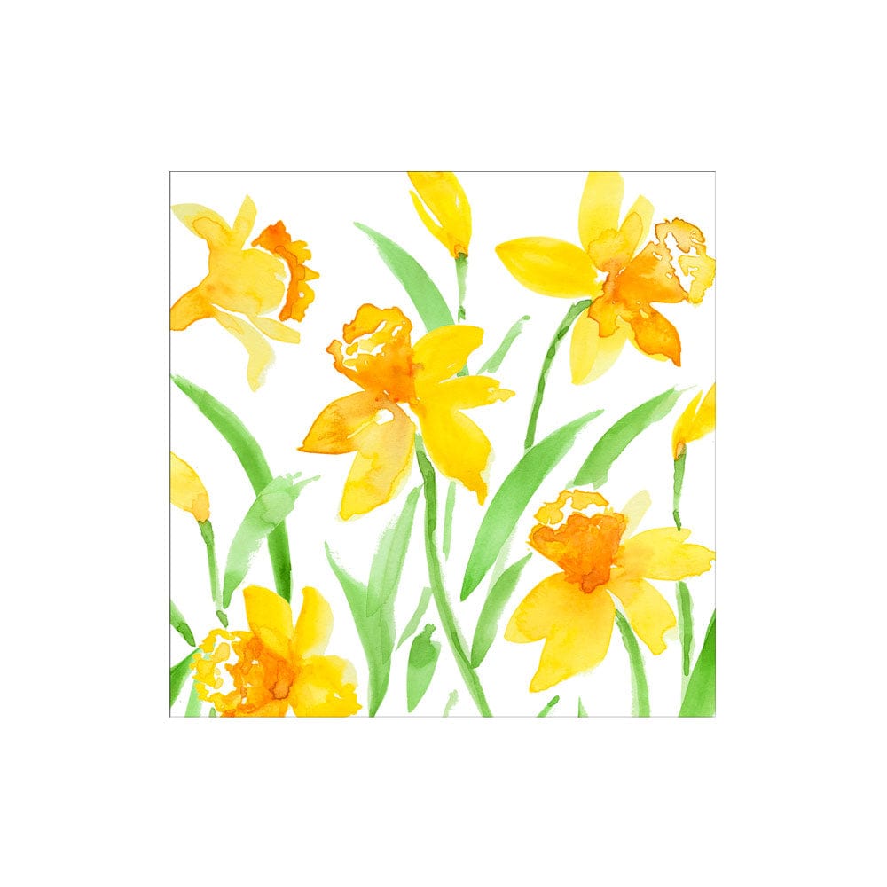 Illustration of yellow daffodils on a napkin with a white background. Available at Be Charmed