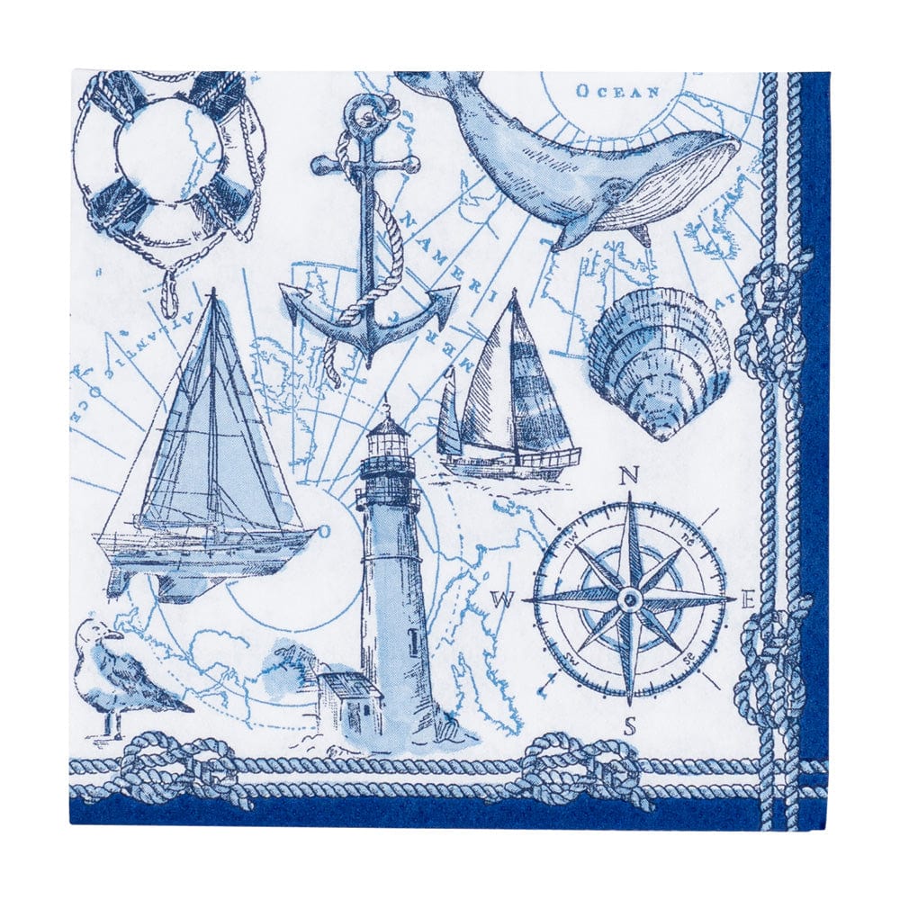 Nautical-themed design with ships, lighthouse, and compass on a napkin. Available at Be Charmed