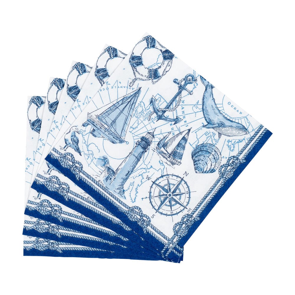 Nautical-themed paper napkins with blue designs on a white background. Available at Be Charmed