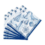 Nautical-themed paper napkins with blue designs on a white background. Available at Be Charmed
