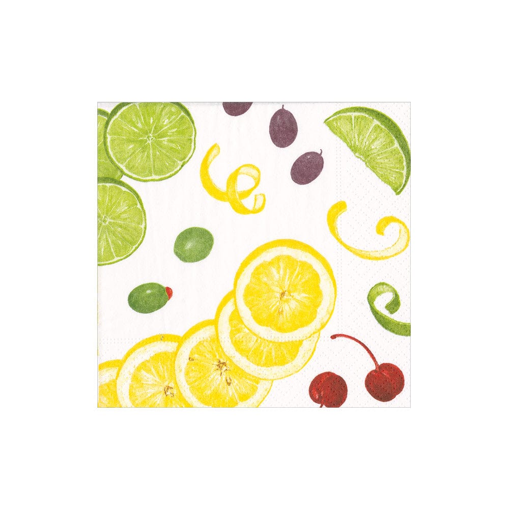 Fruit-themed paper napkins with lemons, limes, cherries, and lime peels on a white background. Available at Be Charmed