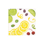 Fruit-themed paper napkins with lemons, limes, cherries, and lime peels on a white background. Available at Be Charmed