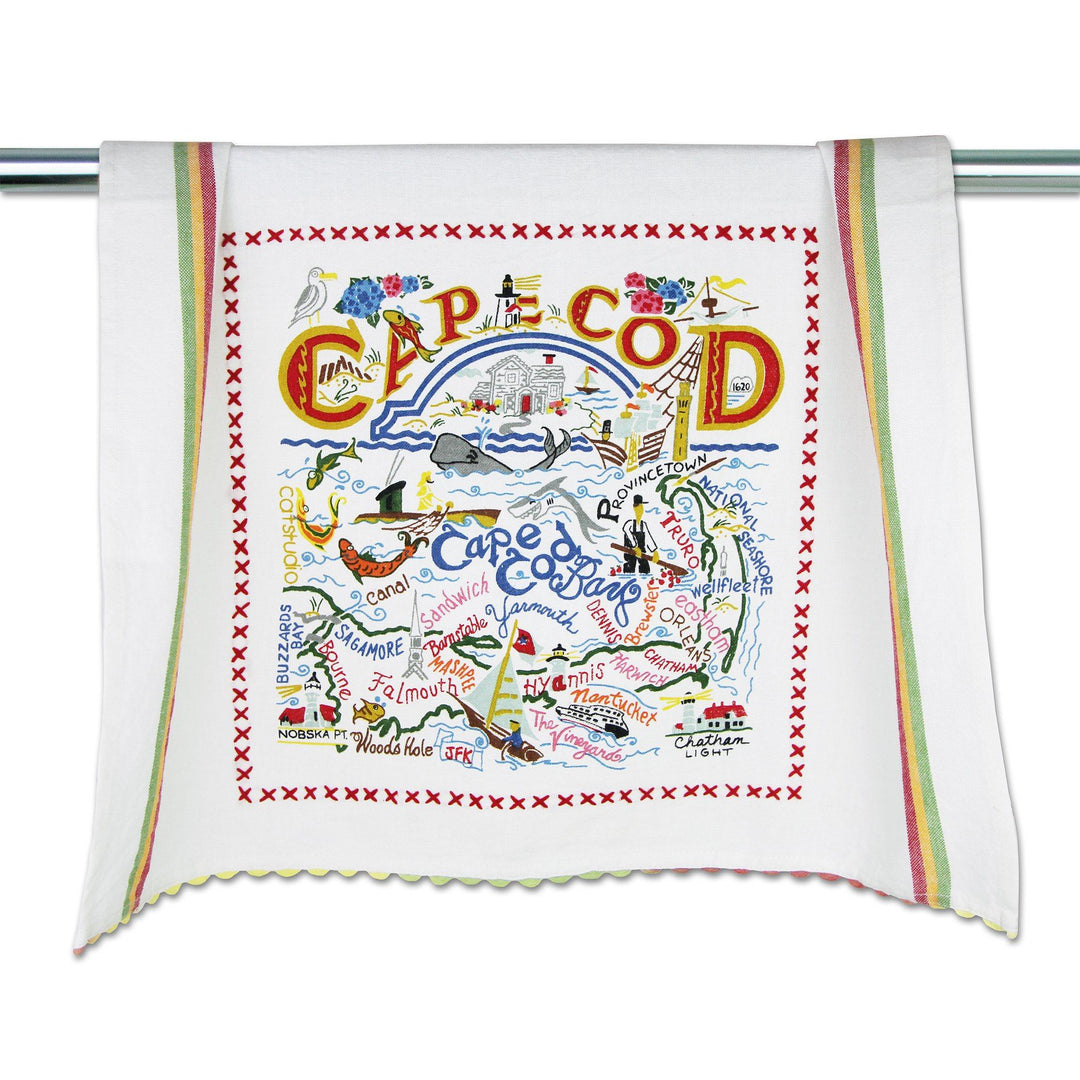 Catstudio Cape Cod dish towel featuring hand-illustrated coastal icons and seaside details, decorative and functional kitchen linen celebrating coastal pride, Available at Be Charmed