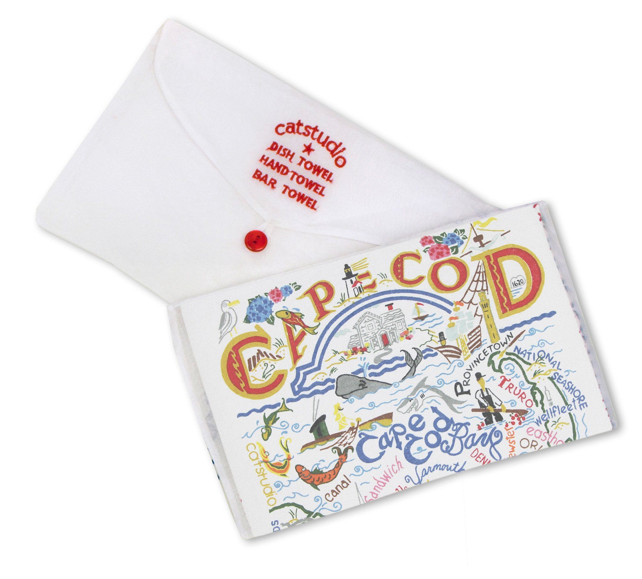 Catstudio Cape Cod dish towel featuring hand-illustrated coastal icons and seaside details, decorative and functional kitchen linen celebrating coastal pride, Available at Be Charmed