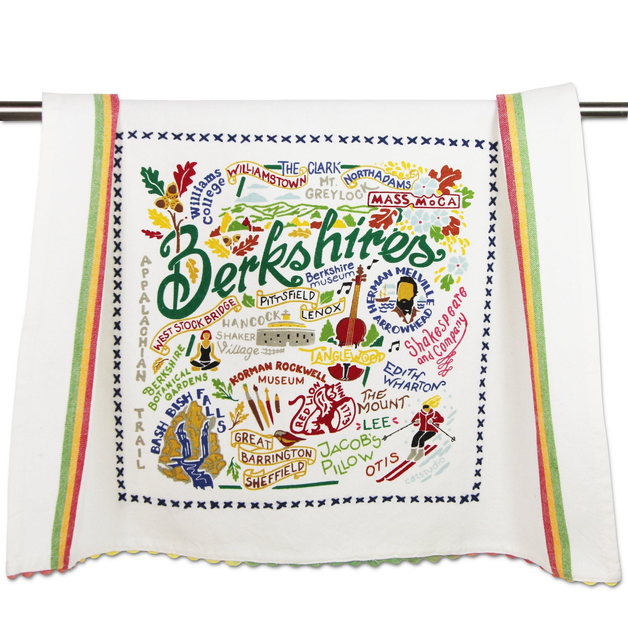 Be Charmed Berkshires dish towel featuring Catstudio’s hand‑drawn map with iconic Berkshires landmarks on 100% hand‑loomed cotton, available at Be Charmed.