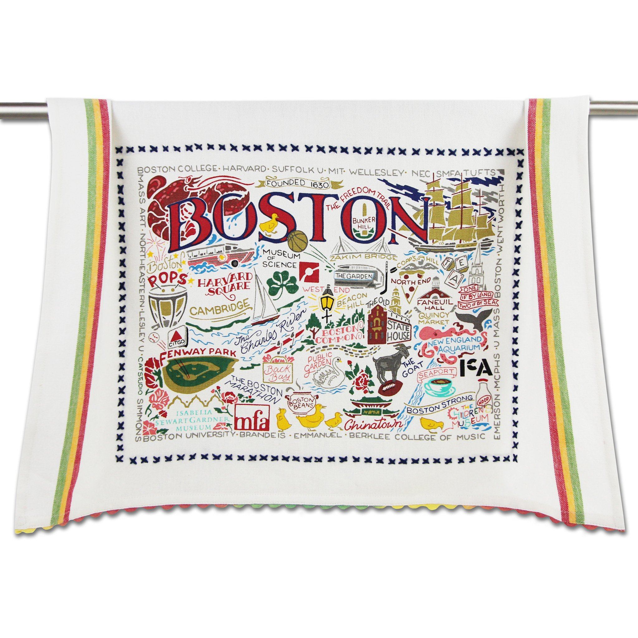Be Charmed Boston dish towel featuring Catstudio’s iconic skyline illustration—absorbent cotton tea towel perfect for kitchen décor and gifts, available at Be Charmed.