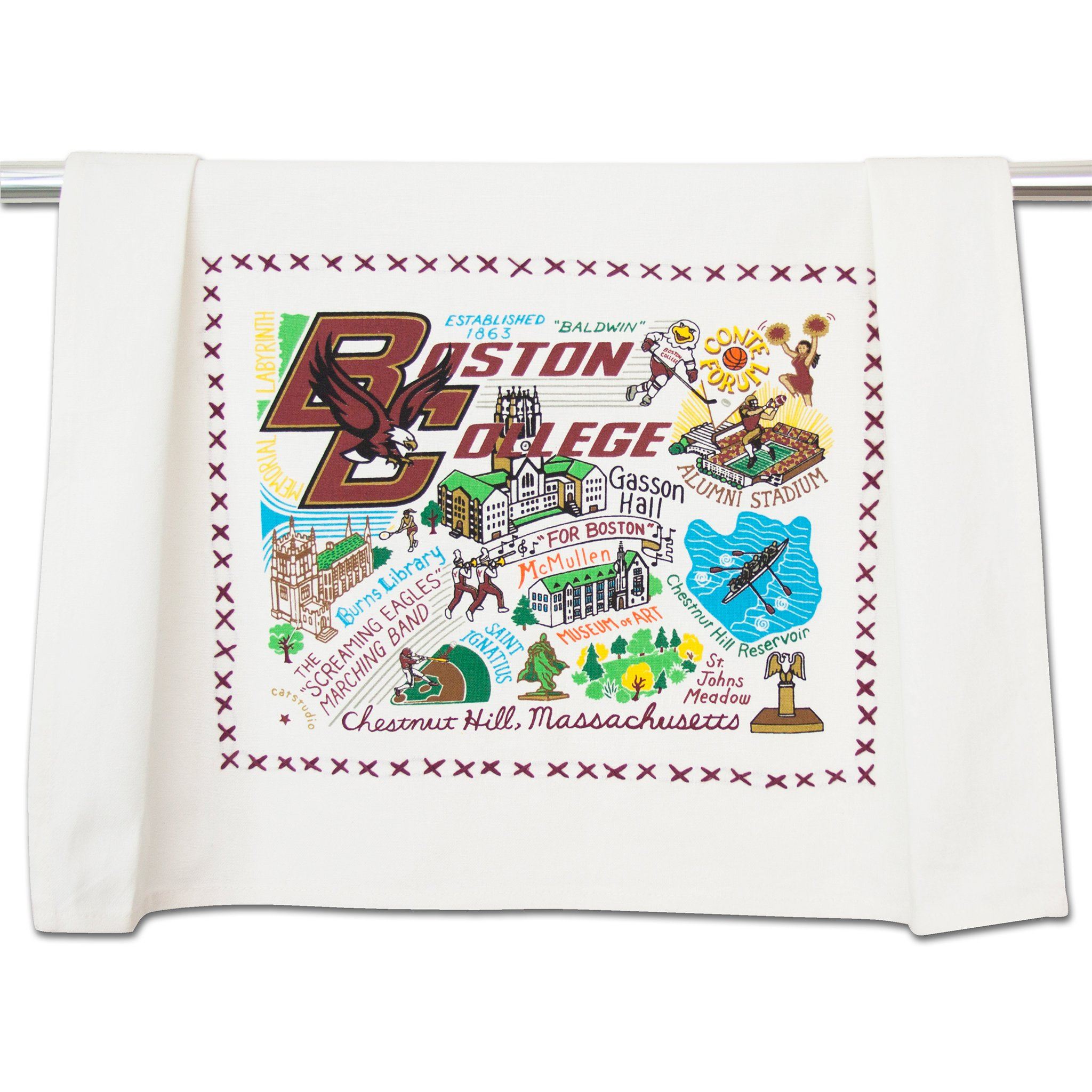 Be Charmed Boston College dish towel featuring Catstudio’s hand‑drawn Boston College emblem and landmarks on 100% hand‑loomed cotton, perfect for Eagles pride, available at Be Charmed.