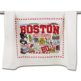 Be Charmed Boston University dish towel featuring Catstudio’s hand-drawn BU emblem and Boston landmarks on 100% hand-loomed cotton—perfect for alumni kitchens, available at Be Charmed.
