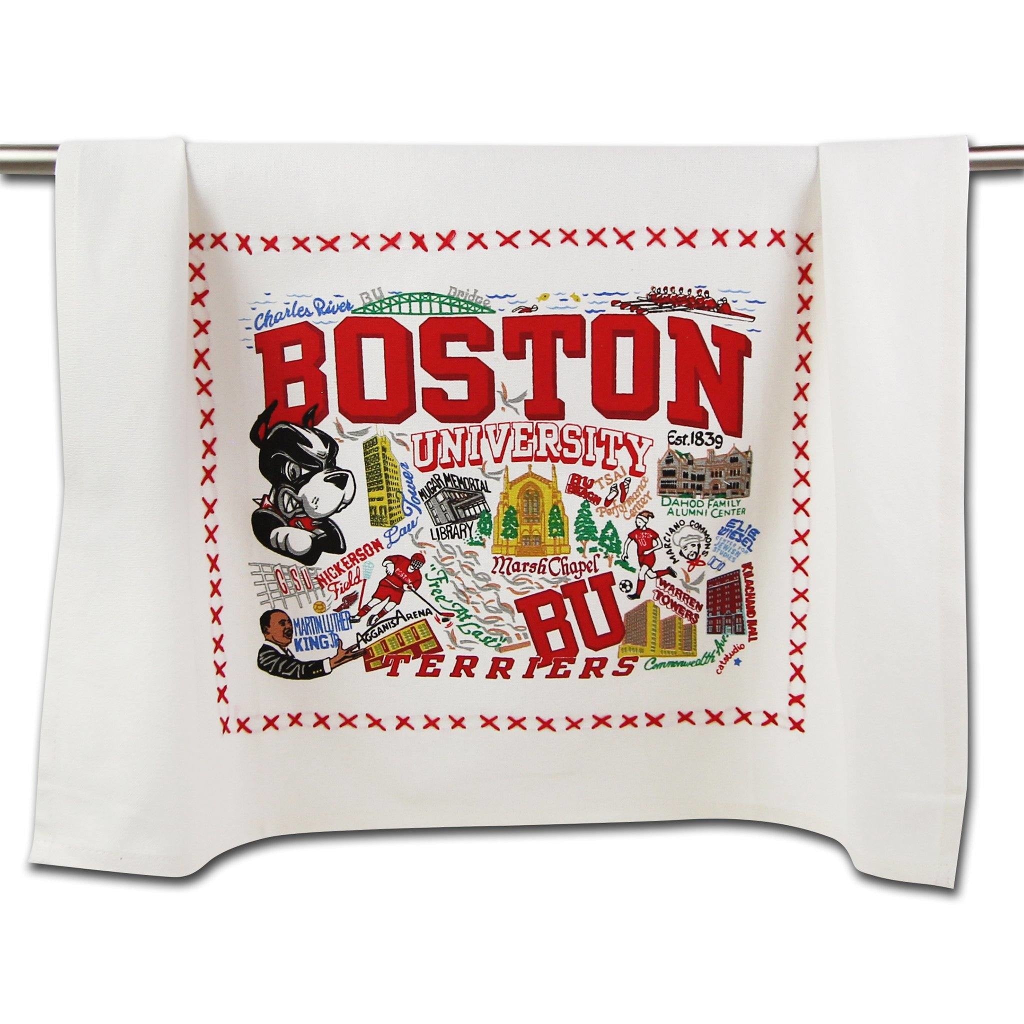 Be Charmed Boston University dish towel featuring Catstudio’s hand-drawn BU emblem and Boston landmarks on 100% hand-loomed cotton—perfect for alumni kitchens, available at Be Charmed.
