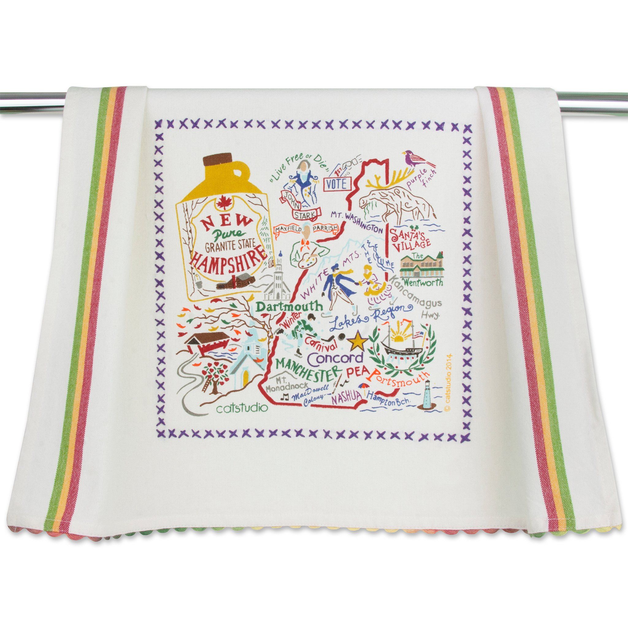 Be Charmed New Hampshire dish towels featuring Catstudio’s charming state map and illustrated icons—absorbent cotton kitchen linen set, available at Be Charmed.
