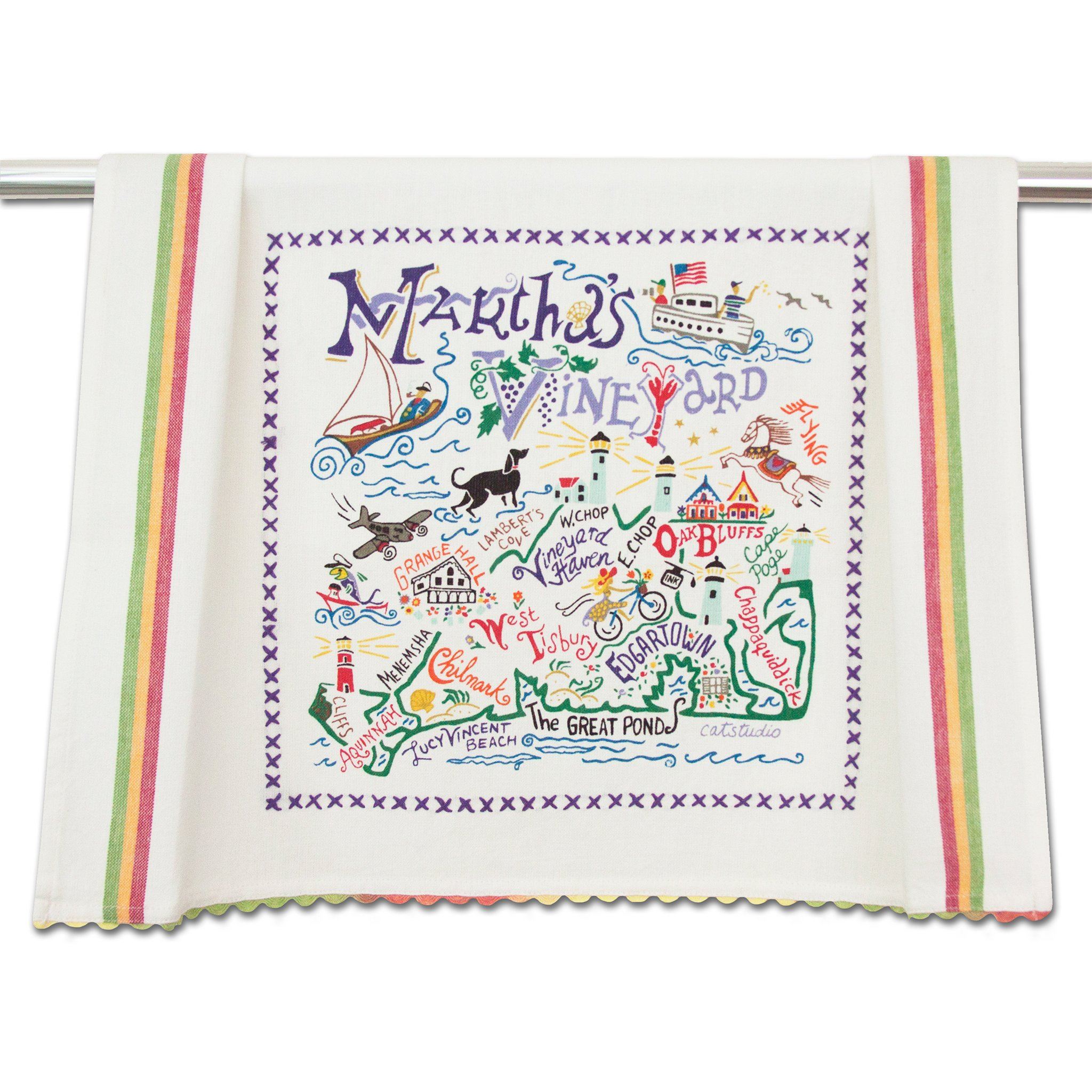 Be Charmed Martha’s Vineyard dish towel featuring Catstudio’s hand-drawn design with iconic island symbols on 100% hand-loomed cotton, available at Be Charmed.