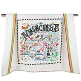 Be Charmed Massachusetts dish towel featuring Catstudio’s hand-drawn state map with iconic landmarks and coastal highlights on 100% cotton, available at Be Charmed.