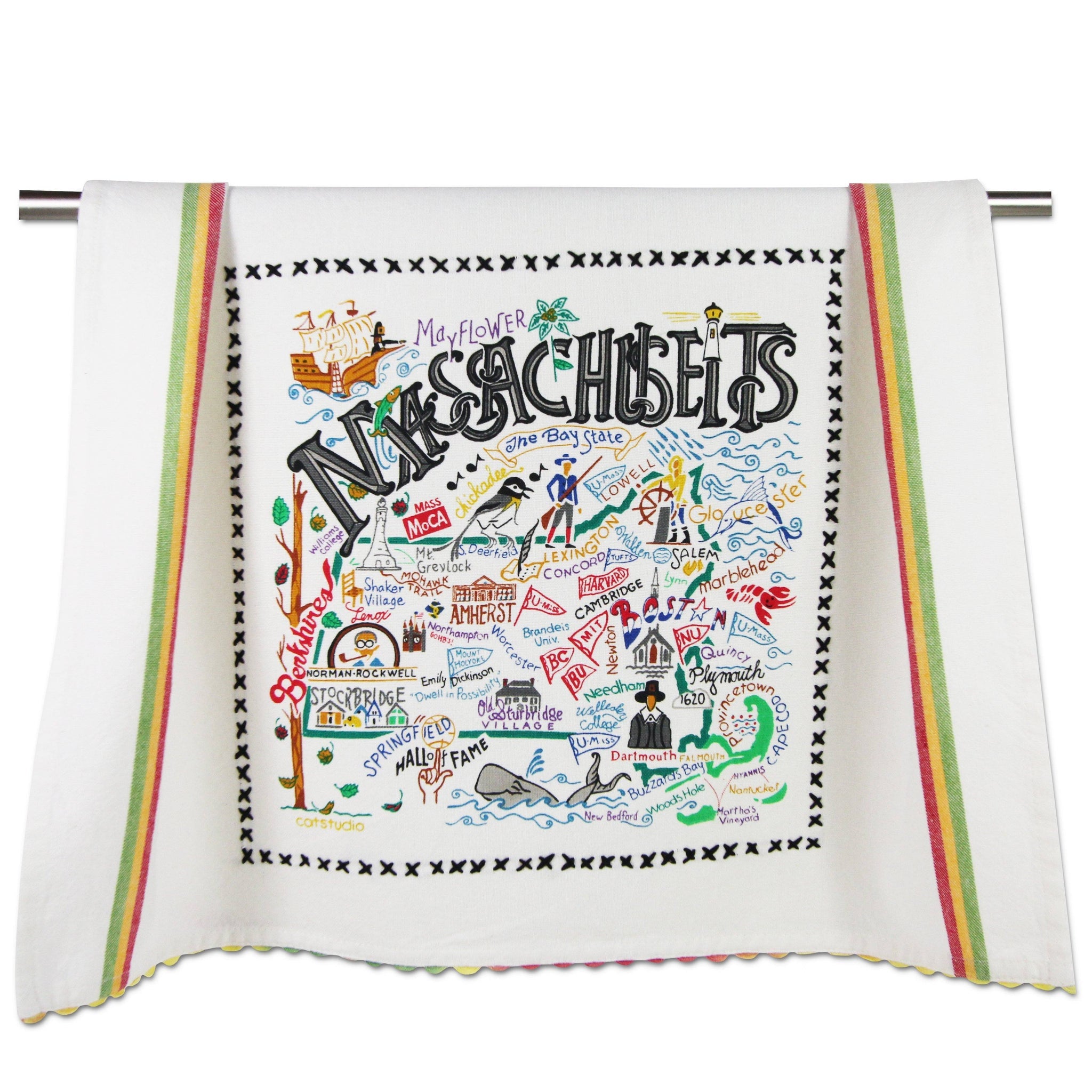 Be Charmed Massachusetts dish towel featuring Catstudio’s hand-drawn state map with iconic landmarks and coastal highlights on 100% cotton, available at Be Charmed.