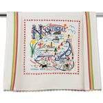 Catstudio Nantucket dish towel featuring hand-illustrated island icons and coastal details, decorative and functional kitchen linen celebrating island pride, Available at Be Charmed