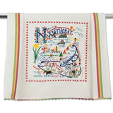 Catstudio Nantucket dish towel featuring hand-illustrated island icons and coastal details, decorative and functional kitchen linen celebrating island pride, Available at Be Charmed