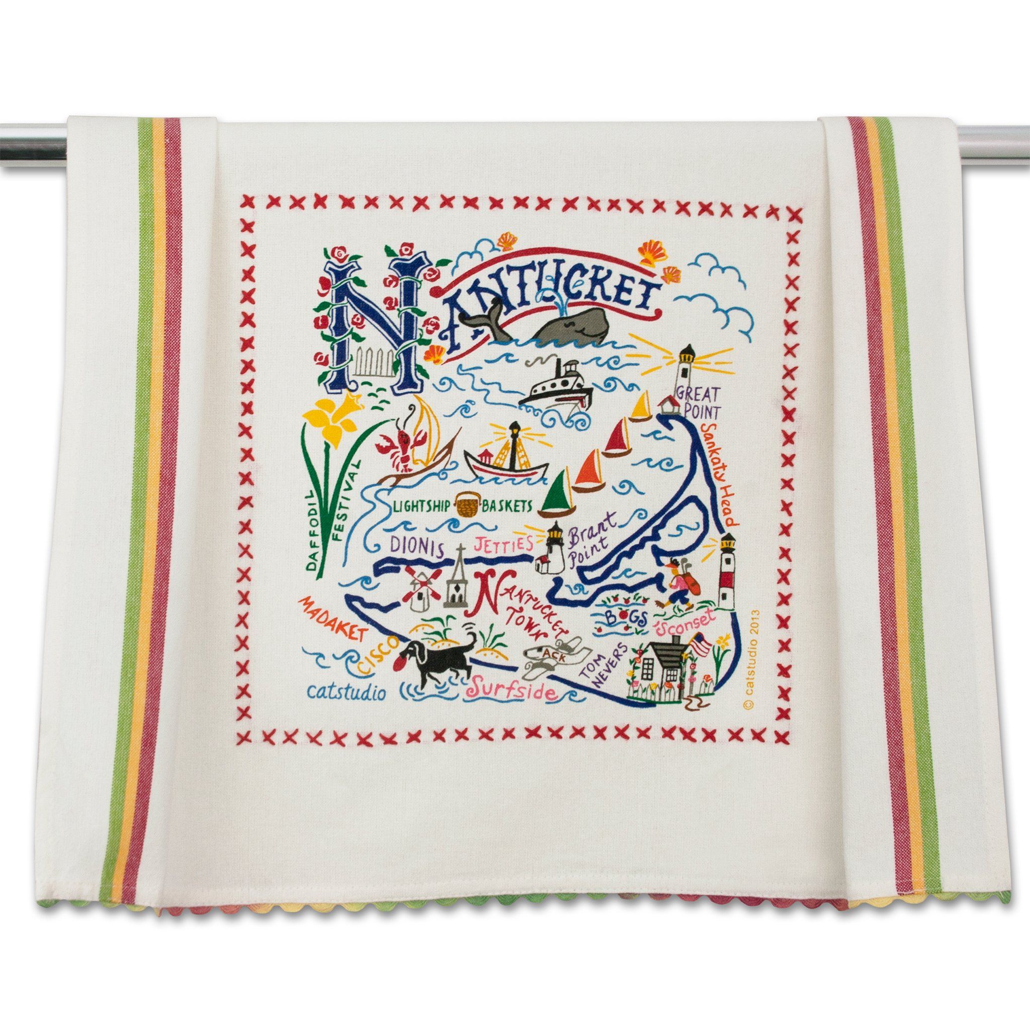 Catstudio Nantucket dish towel featuring hand-illustrated island icons and coastal details, decorative and functional kitchen linen celebrating island pride, Available at Be Charmed