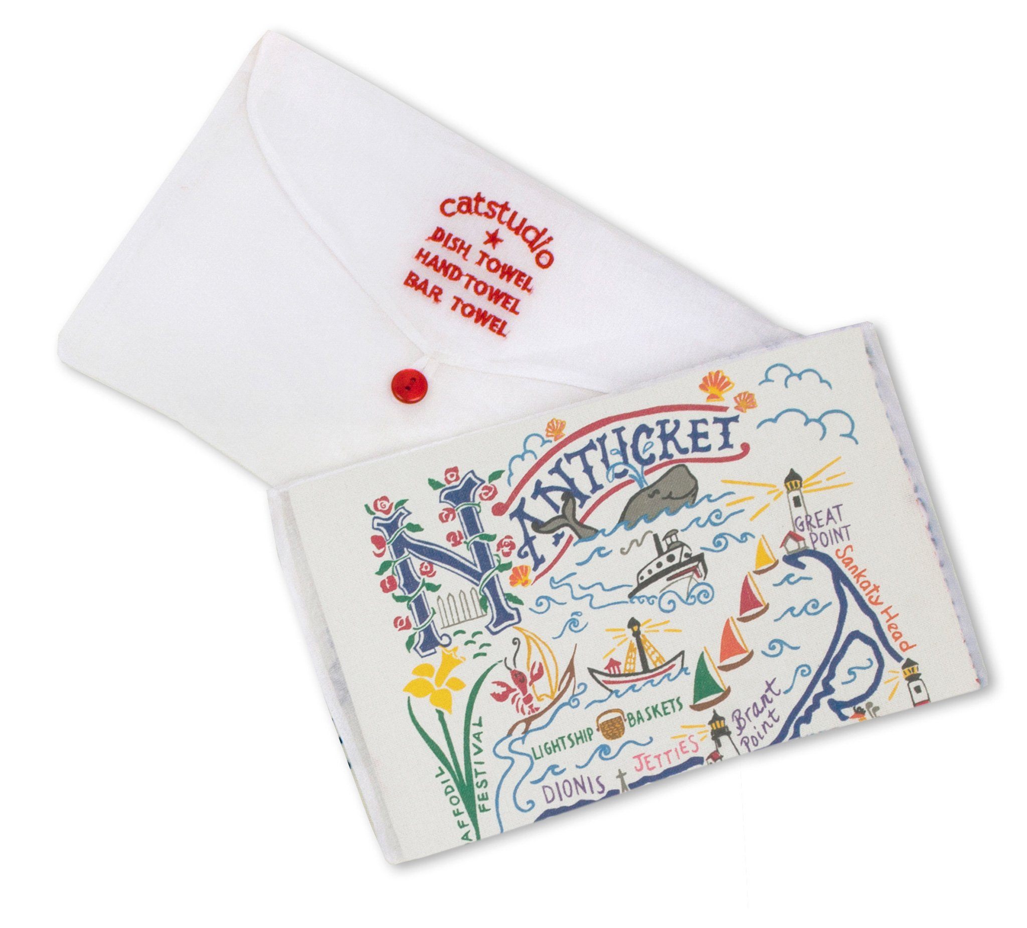 Folded with packaging Catstudio Nantucket dish towel featuring hand-illustrated island icons and coastal details, decorative and functional kitchen linen celebrating island pride, Available at Be Charmed