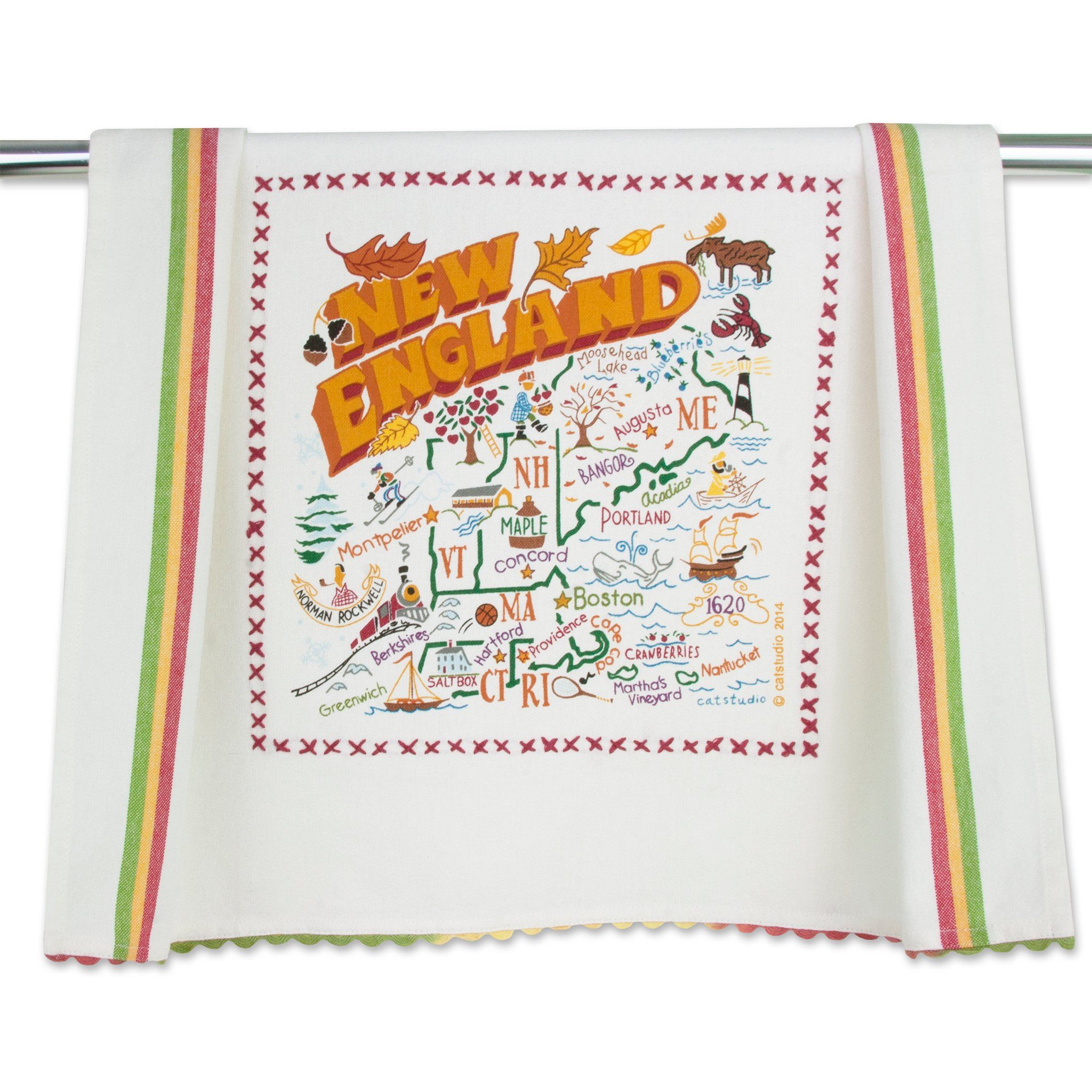 Be Charmed New England dish towel featuring Catstudio’s detailed regional map and icons—absorbent cotton kitchen towel perfect for décor and gifts, available at Be Charmed.