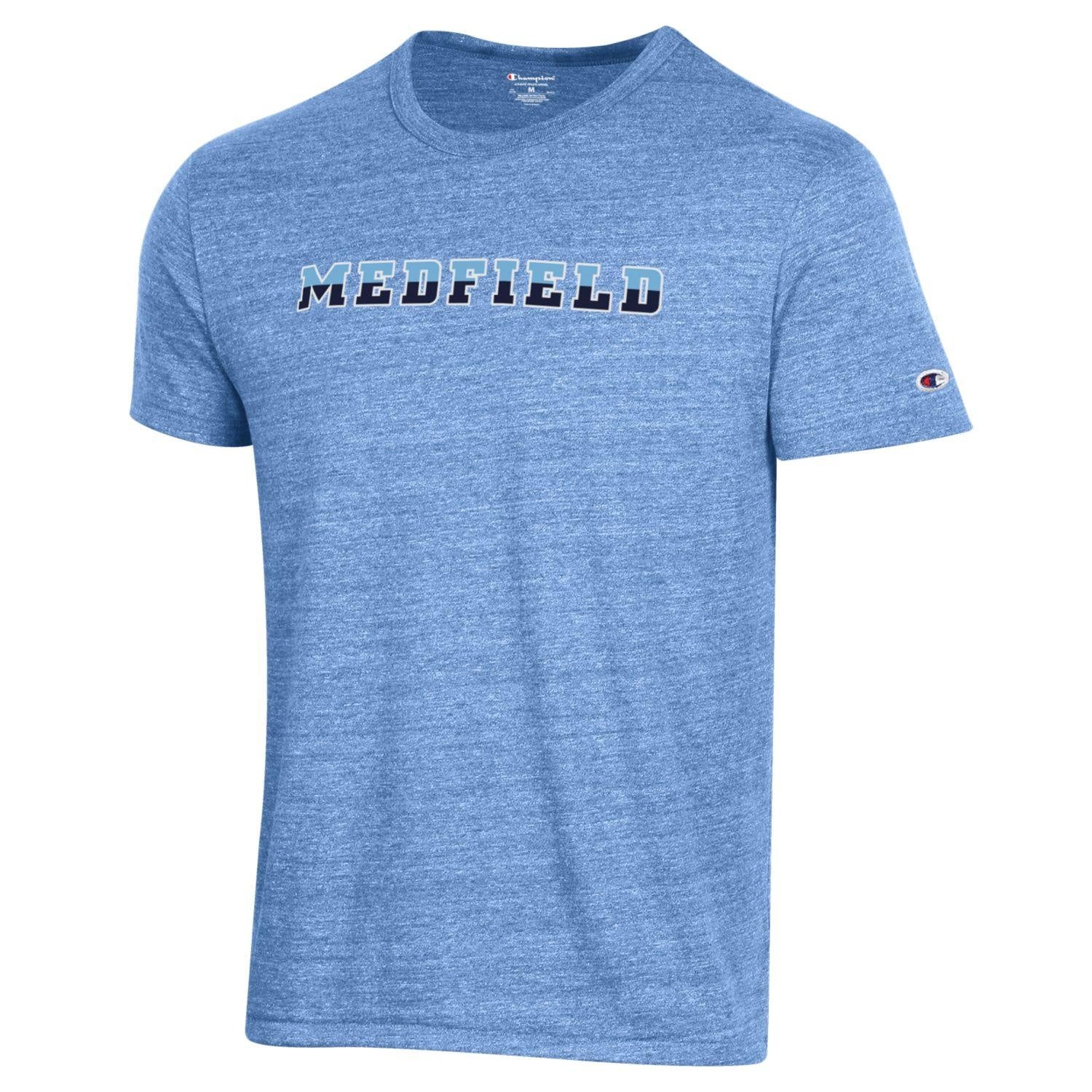 Be Charmed Medfield adult Light Blue 3-color tri-blend tee by Champion – ultra-soft, lightweight shirt with athletic fit and bold Medfield text, ideal for everyday wear, available at Be Charmed.