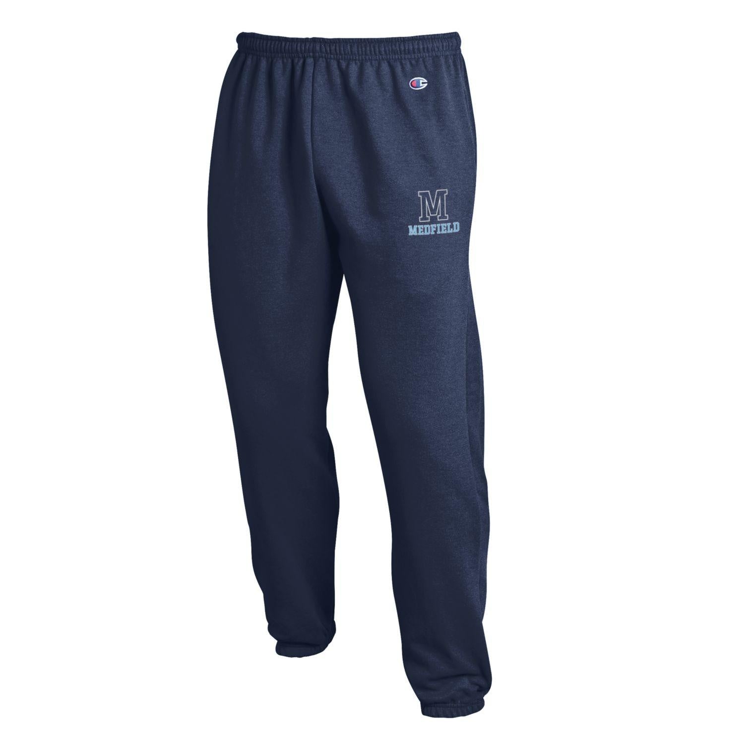 Be Charmed Medfield adult Marine Navy Powerblend banded sweatpants by Champion – soft fleece pants with elastic cuffs and Medfield logo, perfect for lounging or active wear, available at Be Charmed.