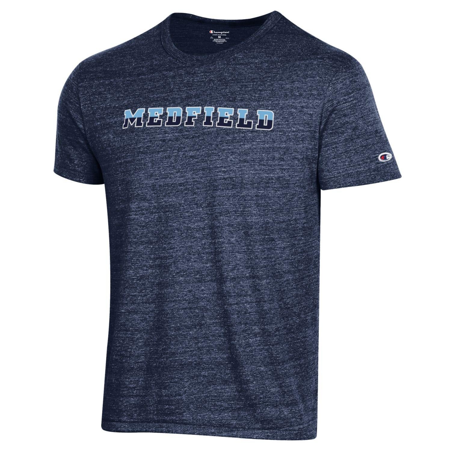 Be Charmed Medfield adult Navy 3-color tri-blend tee by Champion – ultra-soft, lightweight shirt with athletic fit and bold Medfield text, ideal for everyday wear, available at Be Charmed.