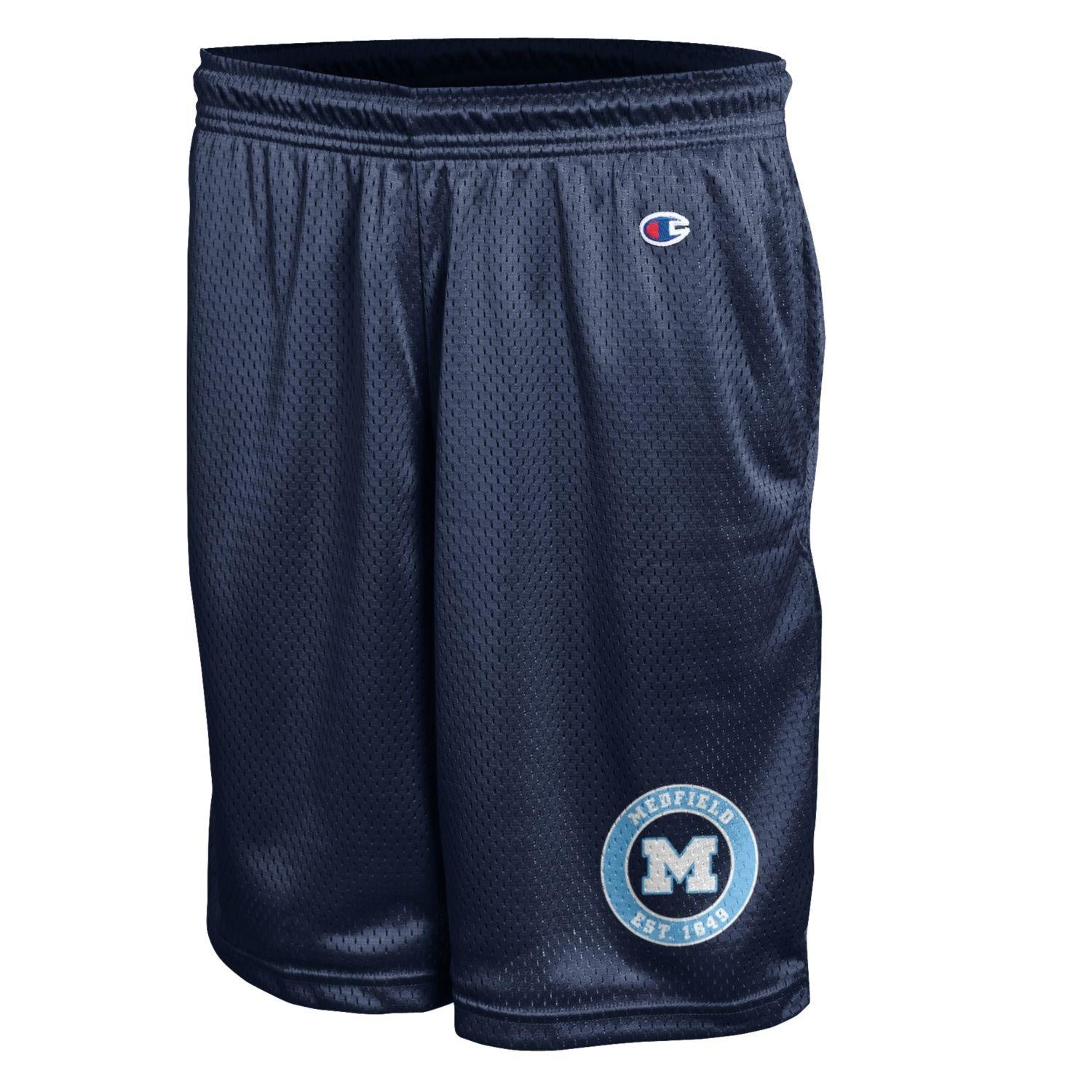 Be Charmed Medfield adult Navy mesh shorts by Champion – breathable, athletic-fit shorts with Medfield logo and elastic waistband, perfect for workouts, sports, or everyday wear, available at Be Charmed.