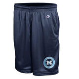Be Charmed Medfield adult Navy mesh shorts by Champion – breathable, athletic-fit shorts with Medfield logo and elastic waistband, perfect for workouts, sports, or everyday wear, available at Be Charmed.