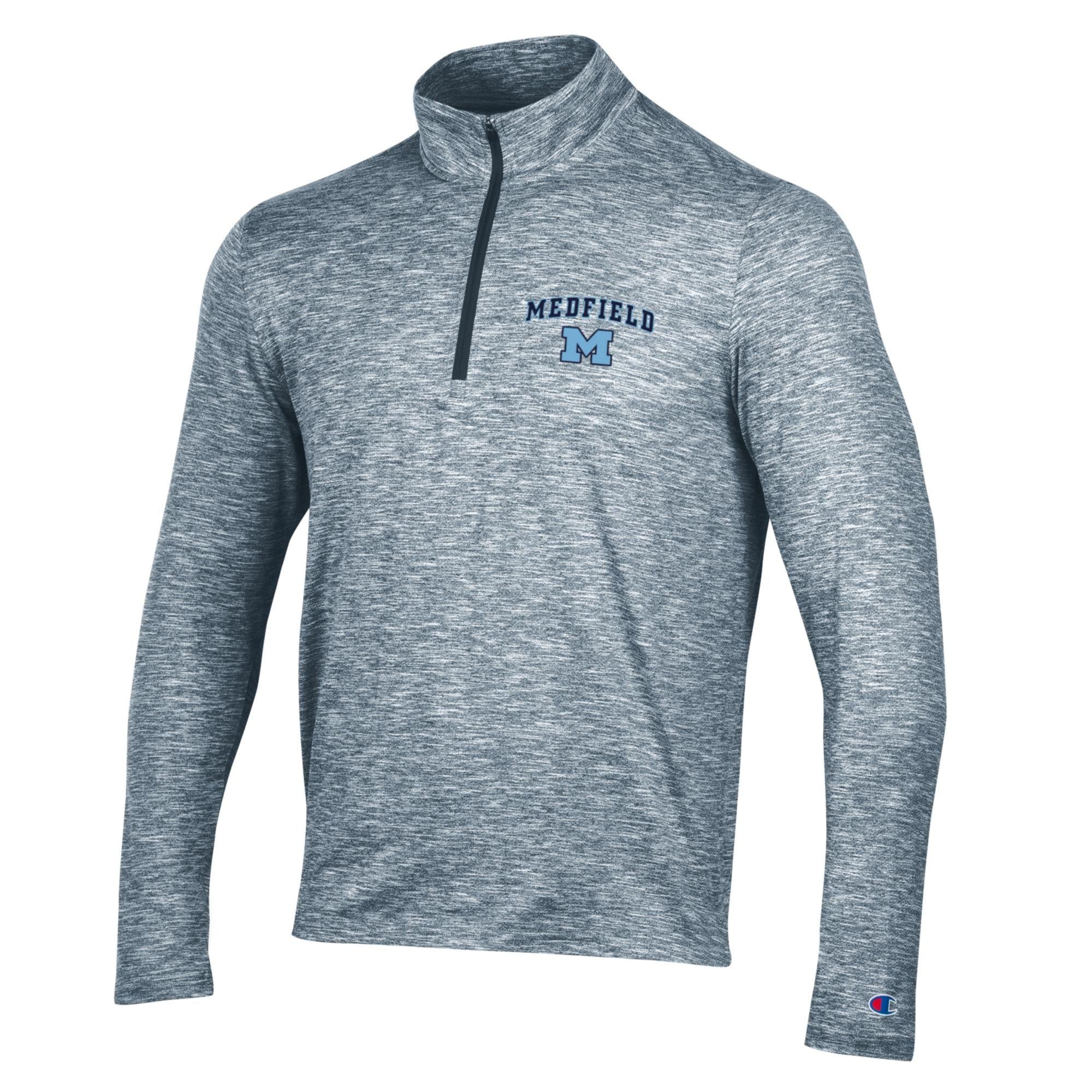 Stealth Medfield adult 1/4 zip pullover by Champion – midweight performance layer with Medfield logo, mock neck, and athletic fit, ideal for workouts or casual wear, available at Be Charmed.