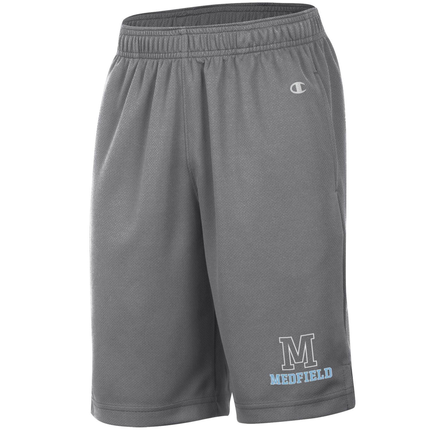 Granite Medfield youth mesh shorts by Champion – lightweight, breathable athletic shorts with Medfield logo and elastic waistband, perfect for school, sports, or play, available at Be Charmed.