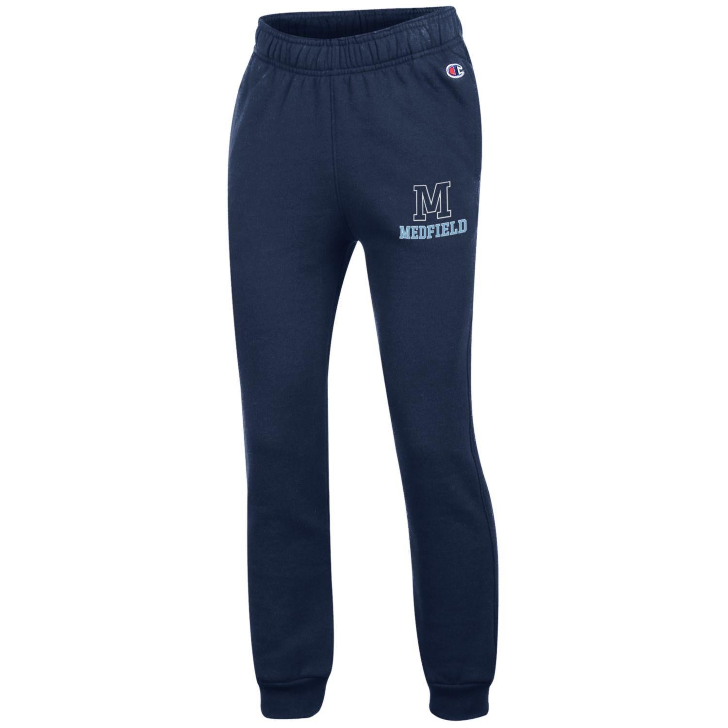 Be Charmed Medfield Youth Navy Heather Powerblend jogger pants by Champion – soft fleece joggers with tapered legs and Medfield logo, perfect for active kids, available at Be Charmed.