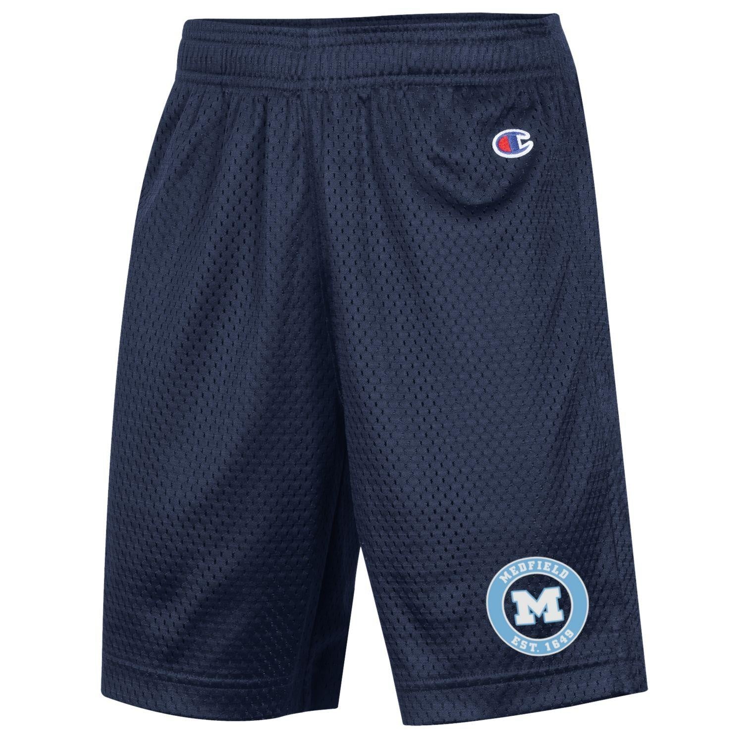 Be Charmed Medfield youth navy mesh shorts by Champion – breathable athletic shorts with Medfield logo, ideal for sports, gym, or everyday comfort, available at Be Charmed.