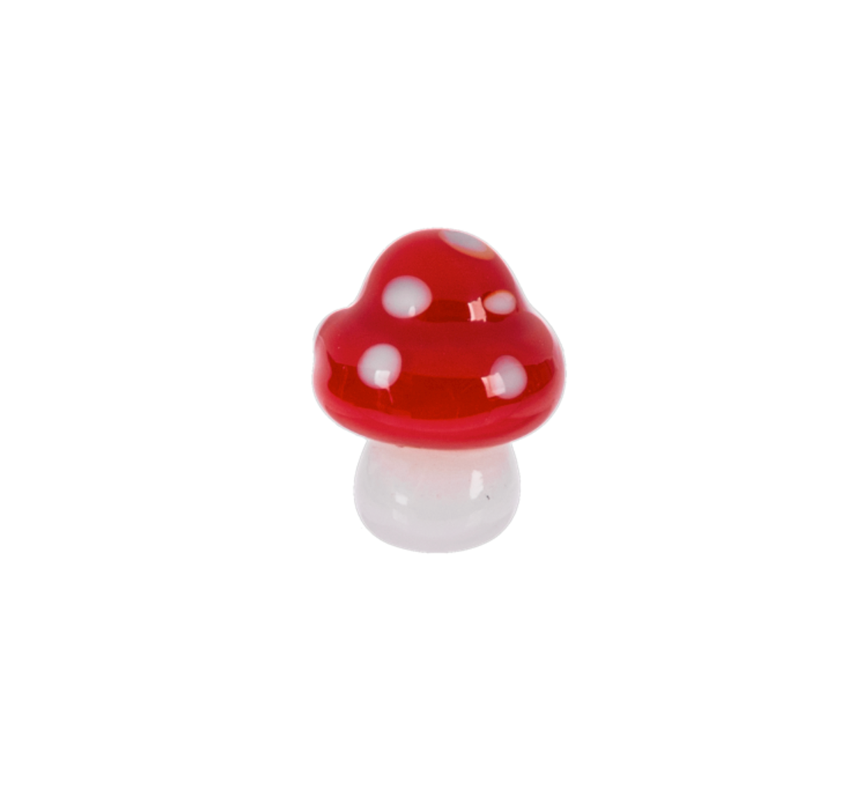 A tiny glass Ganz mushroom charm in red and white, displayed with its inspirational story card. Available at Be Charmed
