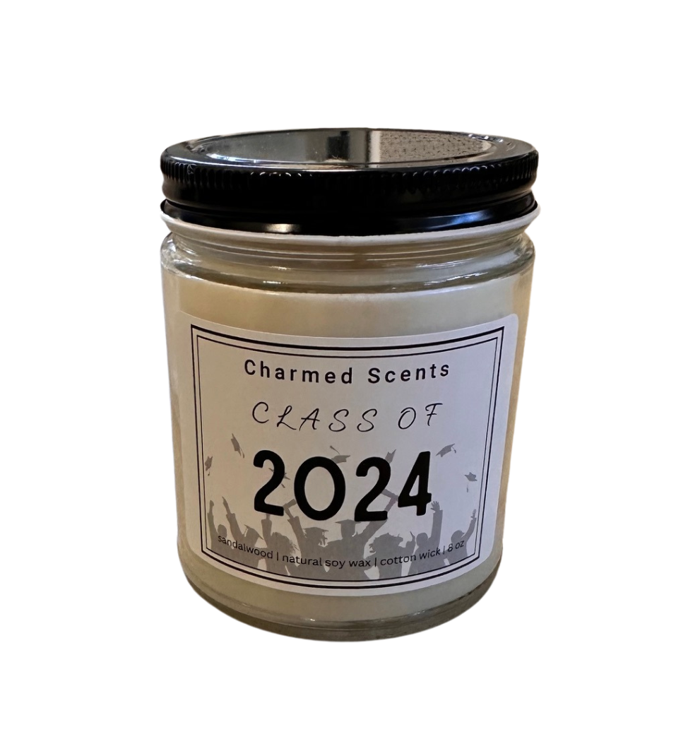 8 oz Class of 2024 soy candle by Charmed Scents – graduation-themed candle in a glass jar with clean-burning soy wax, celebratory label, and light fragrance, perfect graduation gift, available at Be Charmed.