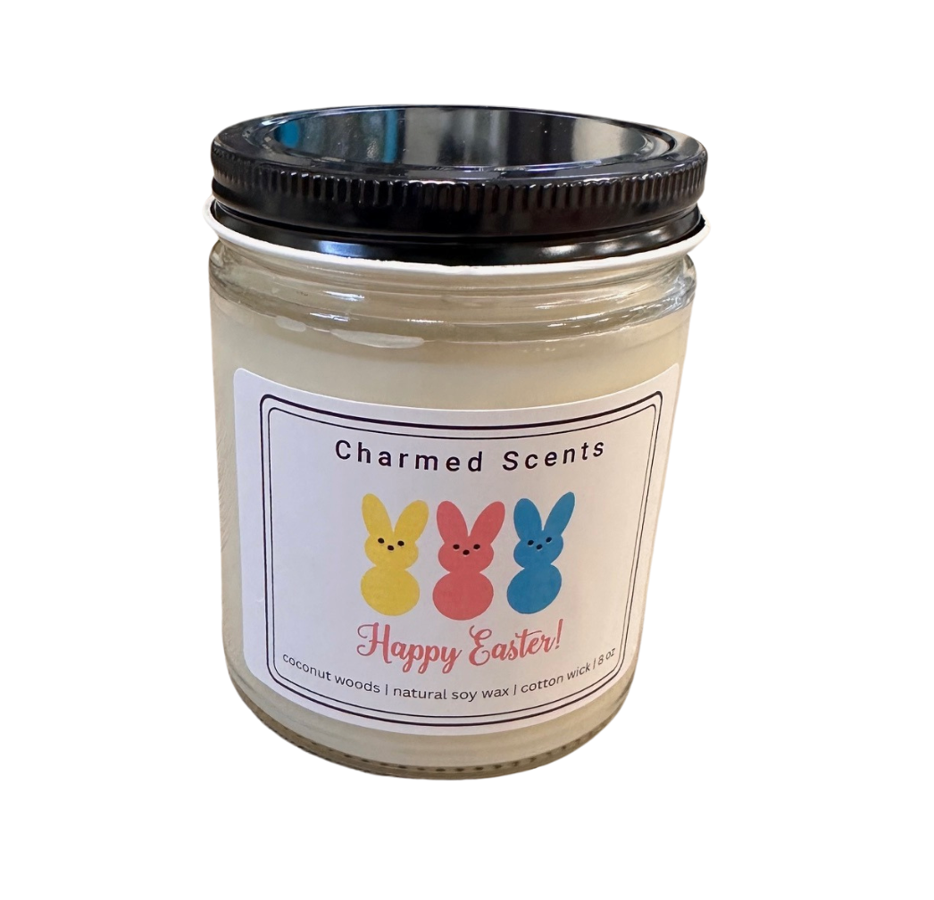 8 oz Happy Easter soy candle by Charmed Scents – festive spring candle in a glass jar with clean soy wax and floral scent, pastel label and gift-ready design, available at Be Charmed.